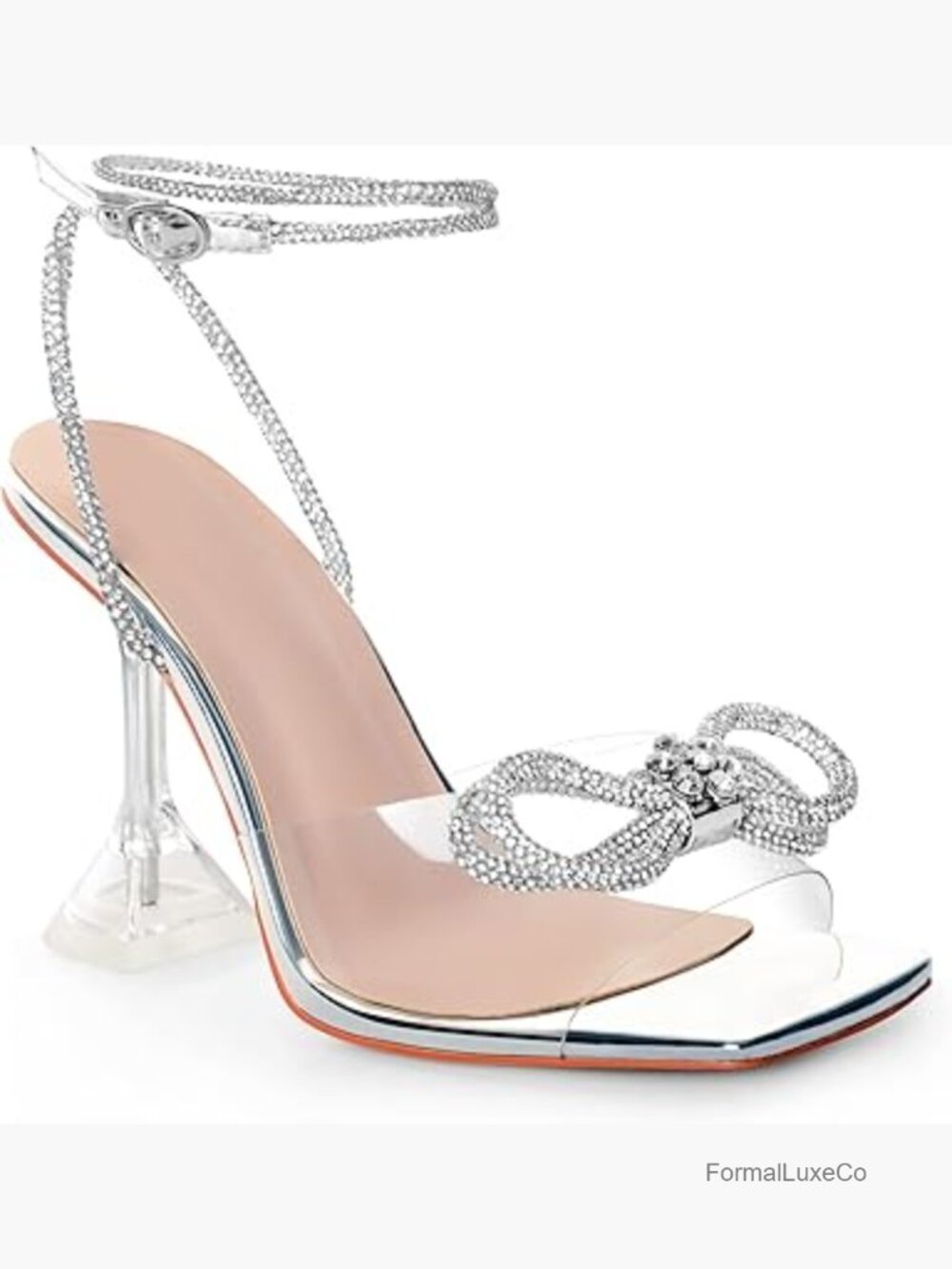 High Heel Sandals with Crystal Bows Square Toe Clear Slingback Party Shoes